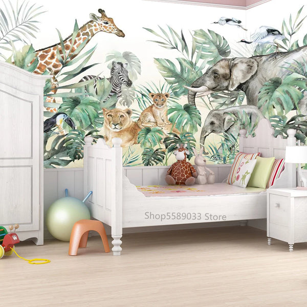 Custom Size 3D Jungle Wallpaper Murals Lion Elephant Animals for Children Room 3D Leaf Wall paper Cartoon Stickers Home Decor