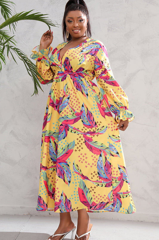Plus Size Printed Flounce Sleeve Maxi Dress