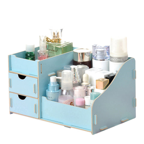 Wooden Makeup Cosmetic Organizer Desktop Storage Box Rack 27.5*17 *13.5cm blue ZopiStyle