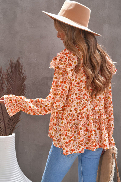 Floral Ruffled Flounce Sleeve Lace Trim Blouse Trendsi