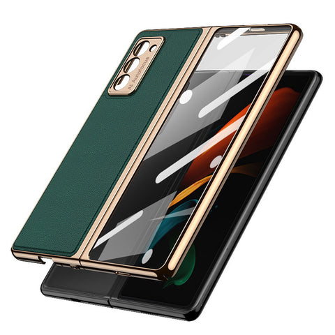 For Samsung  Z  Fold2 Mobile  Phone  Cover Pu All-inclusive Anti-drop Leather Folding Tempered Glass Screen Protector Emerald ZopiStyle