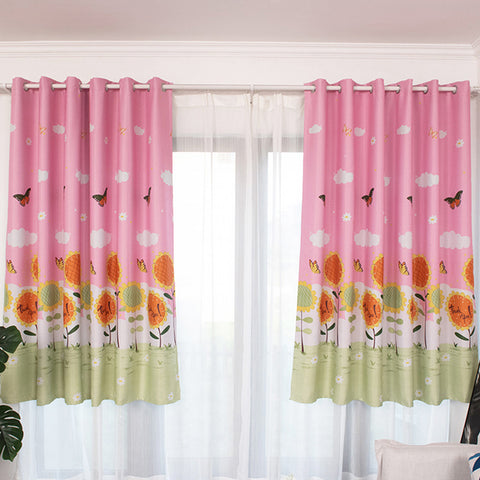 1PC Butterflies Sunflower Printing Shedding Window Curtain for Bedroom Balcony Punching Style Pink_1 meter wide x 2 meters high ZopiStyle