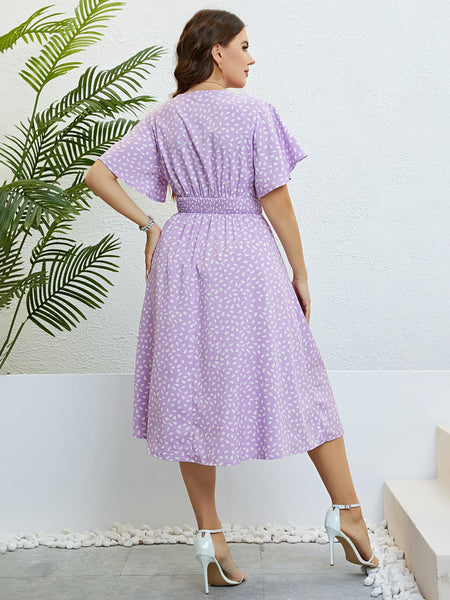 Plus Size Printed Smocked Waist Surplice Dress Trendsi