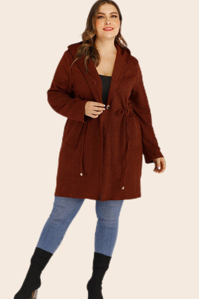 Plus Size Drawstring Waist Hooded Cardigan with Pockets Trendsi