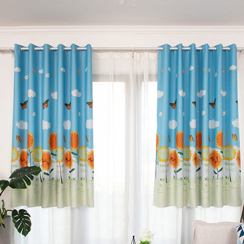 1PC Butterflies Sunflower Printing Shedding Window Curtain for Bedroom Balcony Punching Style blue_1 meter wide x 2 meters high ZopiStyle