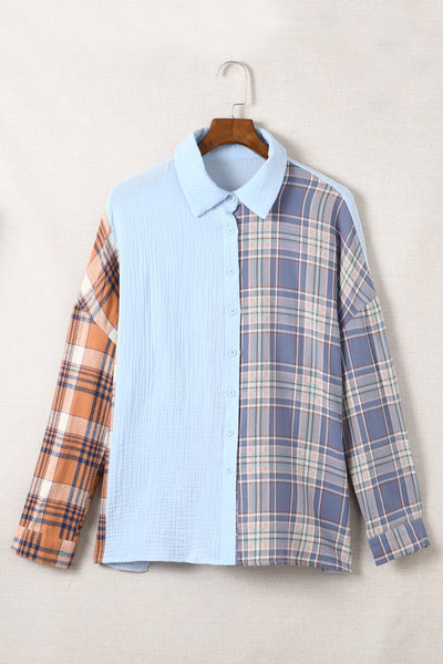 Plaid Color Block Textured Drop Shoulder Shirt Jacket Trendsi