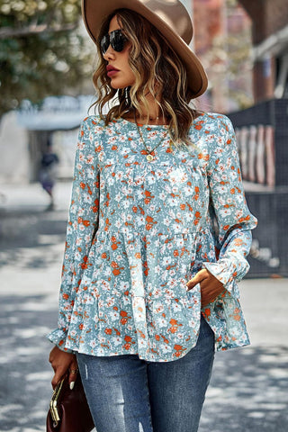 Floral Flounce Sleeve Tiered Blouse Trendsi