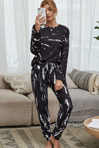Tie-Dye Round Neck Top and Drawstring Waist Joggers Lounge Set Trendsi