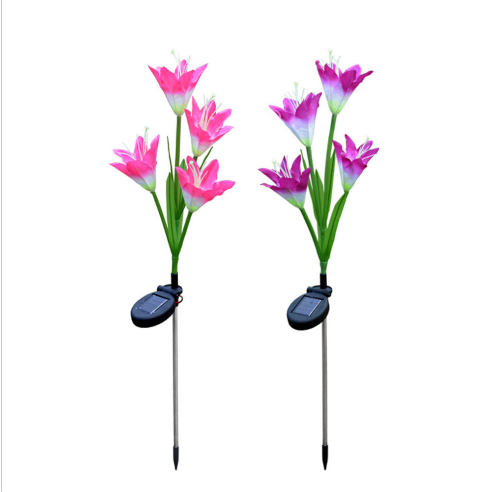 2PCS 4-head Solar-powered LED Lily Lawn Light with Colourful Light Waterproof Light Sensor Lamp Festival Yard Decoration Pink + purple ZopiStyle