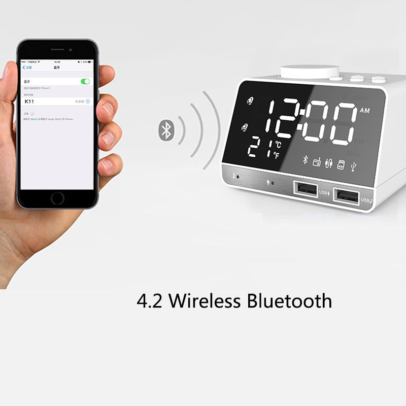 Plastic K11 Digital Bluetooth-compatible  Speaker Alarm Clock Radio Usb Charge Built-in Temperature Sensor Creative Led Display Speaker White_UK plug ZopiStyle