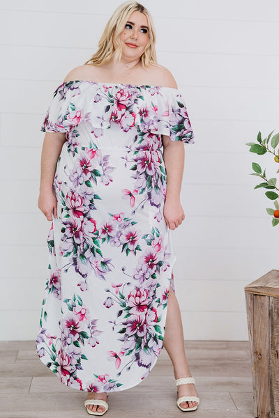 Plus Size Floral Off-Shoulder Side Slit Layered Dress Trendsi