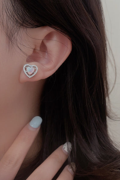 925 Sterling Silver Opal Heart Stud Earrings Trendsi