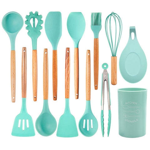 13Pcs/set Silicone Kitchenware Wooden Handle Cooking Kitchen Tools with Storage Bucket As shown_13-piece set ZopiStyle