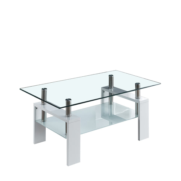 Artisan Center Coffee Table 2-Layer Tempered Glass Top Stainless Steel Legs for Living Room 37&quot;Lx22&quot;Dx16&quot;H Black/White[US-W] ZopiStyle