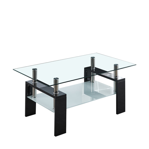 Artisan Center Coffee Table 2-Layer Tempered Glass Top Stainless Steel Legs for Living Room 37&quot;Lx22&quot;Dx16&quot;H Black/White[US-W] ZopiStyle