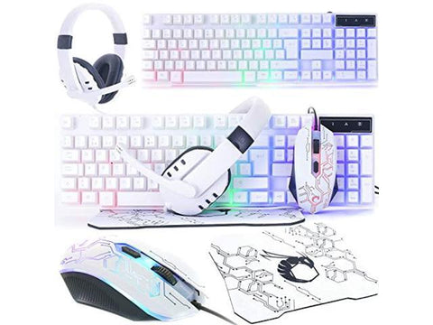 gaming keyboard and mouse and gaming headset & mouse pad, wired led rgb backlight bundle for pc gamers users - 4 in 1 white edition hornet rx-250 MerchMixer