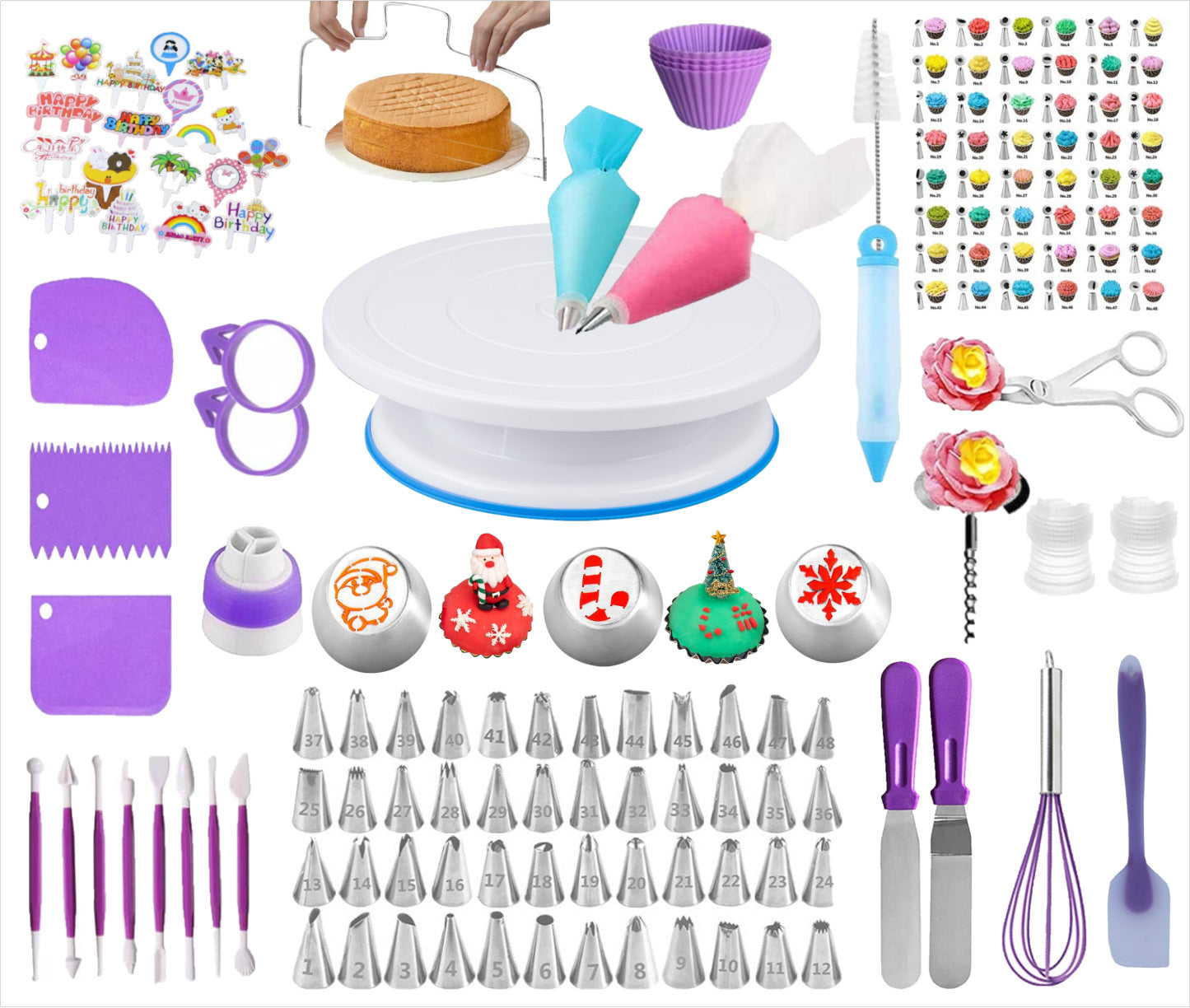 158Pcs/Set Cake Decorating Turntable Stand Icing Tips Piping Nozzles Baking Tools for Beginners Photo Color ZopiStyle