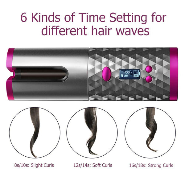Cordless Auto Rotating Ceramic Hair Curler USB Rechargeable Curling Iron LED Display Temperature Adjustable Curling Wave Styer ZopiStyle