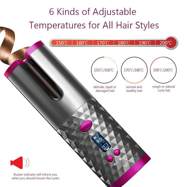 Cordless Auto Rotating Ceramic Hair Curler USB Rechargeable Curling Iron LED Display Temperature Adjustable Curling Wave Styer ZopiStyle