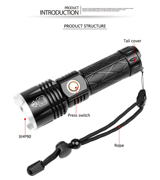 XHP 90 LED Flashlight Waterproof Zoom Torch USB Charging Camping Lamp black_Model 1619 ZopiStyle
