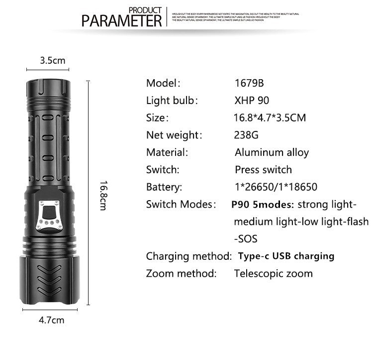 XHP90 LED Flashlight Waterproof Zoom Torch USB Charging Camping Lamp 1679B ZopiStyle