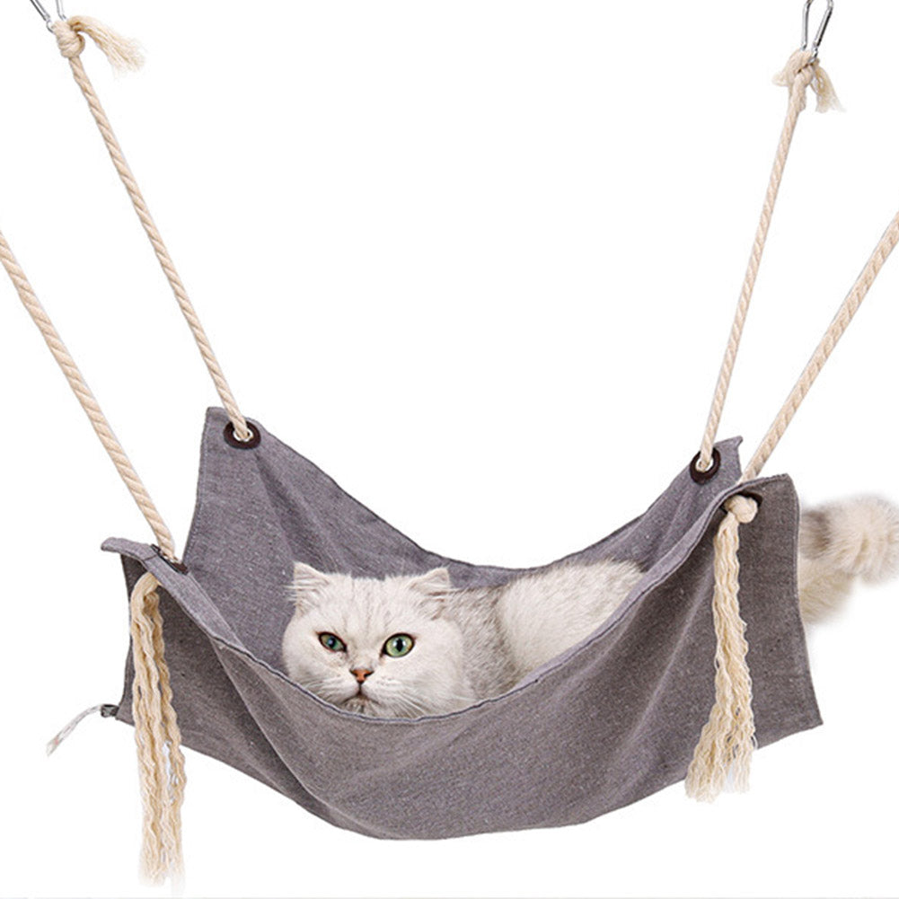 Summer Pet Hanging Nest Breathable Cotton Linen Tassels Hammock for Cats light grey_47*47CM ZopiStyle