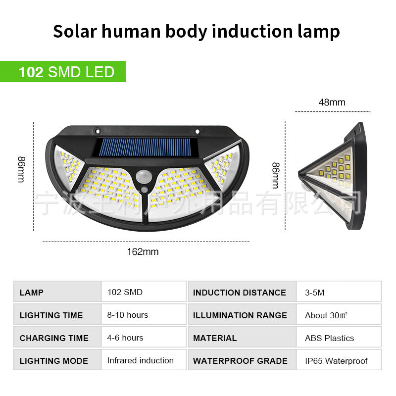 102LEDs 4-sided Waterproof Solar Light Motion Sensor Human Body Induction Wall Lamp for Garden Road 102leds ZopiStyle