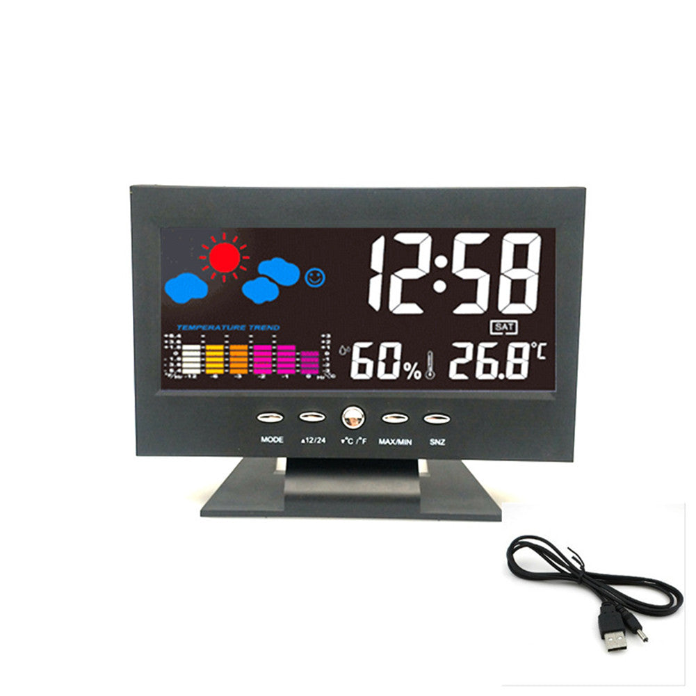 Electronic Alarm Clock Led Color Screen Temperature and Humidity Intelligent Voice Control Weather Forecast Clock Black host + USB_14.5*11*5.5cm ZopiStyle