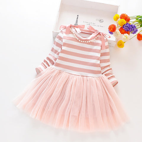 Kids Striped Knitted Mesh Dress for Girl Long Sleeves Spring Pearl TUTU Birthday Bowknot Clothing Autumn Winter Costume ZopiStyle
