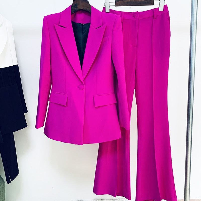 HIGH QUALITY Newest 2023 Runway Designer Suit Set Women&#39;s Single Button Blazer Flare Pants Suit Fluorescent Purple ZopiStyle