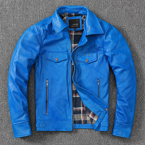 Free shipping.fashion brand men leather jacket.blue slim cowhide leather garments.dropship cheap leather clothes.Plus size ZopiStyle