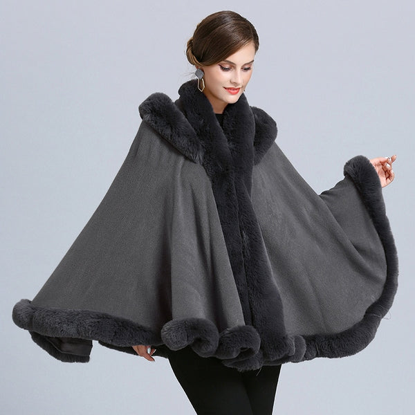 5 Color Winter Cape Thick Grey Black 2022 Poncho Women Faux Fur Neck Knitted Cloak Plus Size Big Pendulum Dovetail Cardigan Coat ZopiStyle