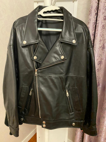 Free shipping,Black loose style fashion Genuine leathe jacket.women biker soft sheepskin coat.leather clothes.quality plus size ZopiStyle