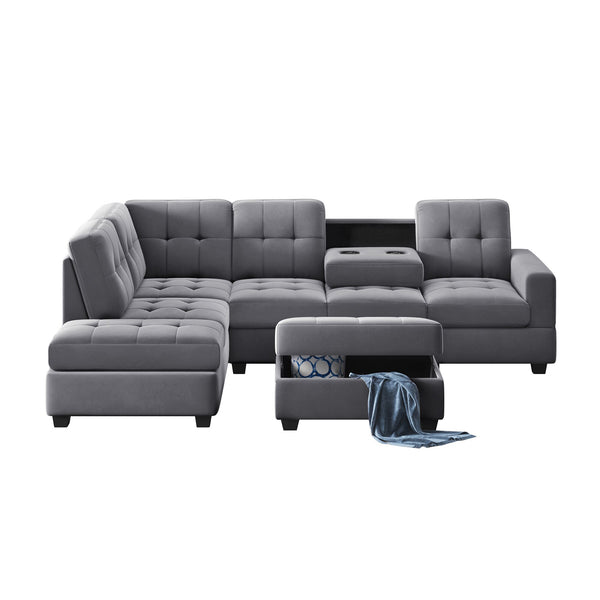 3 Piece Sectional Sofa Microfiber with Reversible Chaise Lounge Storage Ottoman and Cup Holders Antique Gray/Brown[US-W] ZopiStyle
