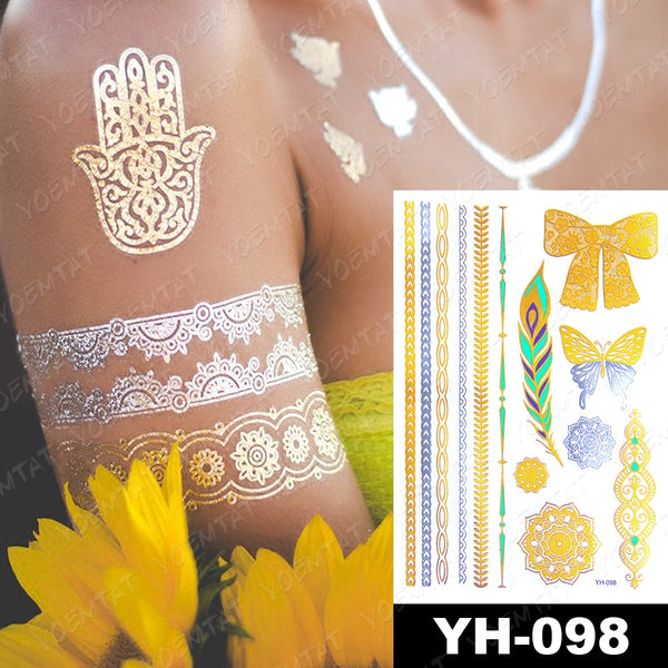 Waterproof Temporary Tattoo Sticker Flowers Mandala Henna Gold Silver Metallic Flash Tatoo Boho Lotus Jewelry Glitter Body Art ZopiStyle