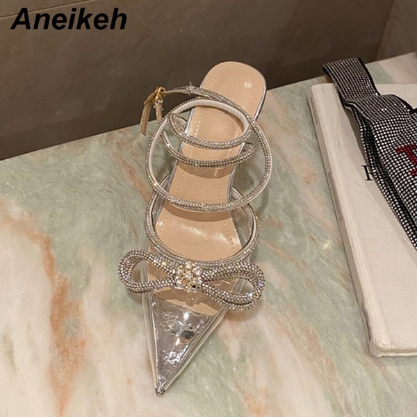 Aneikeh Spring/Autumn 2022 Women&#39;s Shoes Fashion Butterfly-Knot Narrow Band Bling Patchwork Cross-Tied Crystal Pointed Toe Pumps ZopiStyle