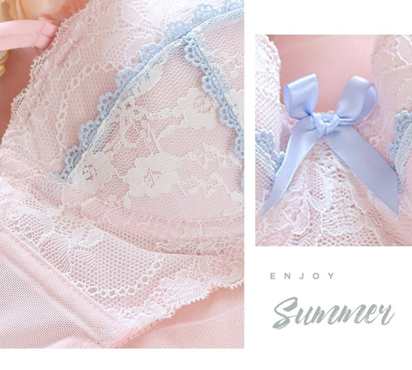Underwear sweet and cute lace lingerie with briefs set girl heart fresh steel ring gathered thin bra set large size bralette ZopiStyle