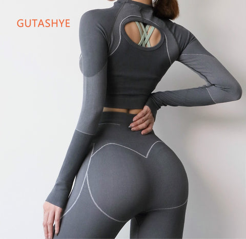 Hollow Out Seamless Yoga Set Sport Outfits Women Black Two 2 Piece Long Sleeve Leggings Workout Gym Suit Fitness Sport Sets ZopiStyle