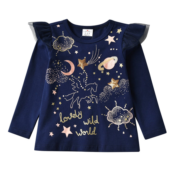 VIKITA Kids T-shirt for Girl Children Autumn Spring Cotton Clothes Toddlers Long Sleeve Cartoon Sequins T-Shirt Casual Tops Tees ZopiStyle