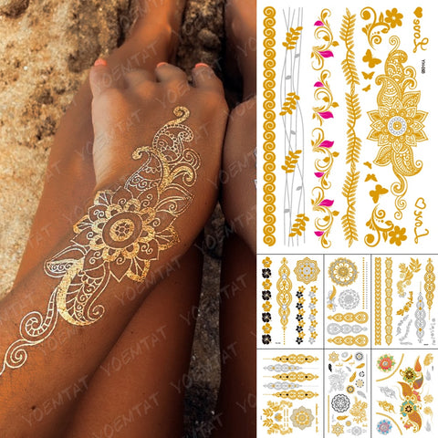 Waterproof Temporary Tattoo Sticker Flowers Mandala Henna Gold Silver Metallic Flash Tatoo Boho Lotus Jewelry Glitter Body Art ZopiStyle
