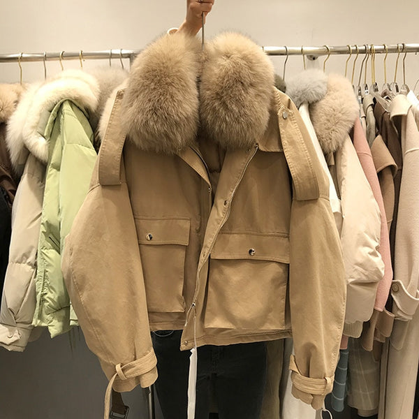 Janveny Real Fox Fur Women's Down Jacket 2021 Short Loose 90% White Duck Down Coat Fashion Female Big Pocket Puffer Snow Outwear ZopiStyle