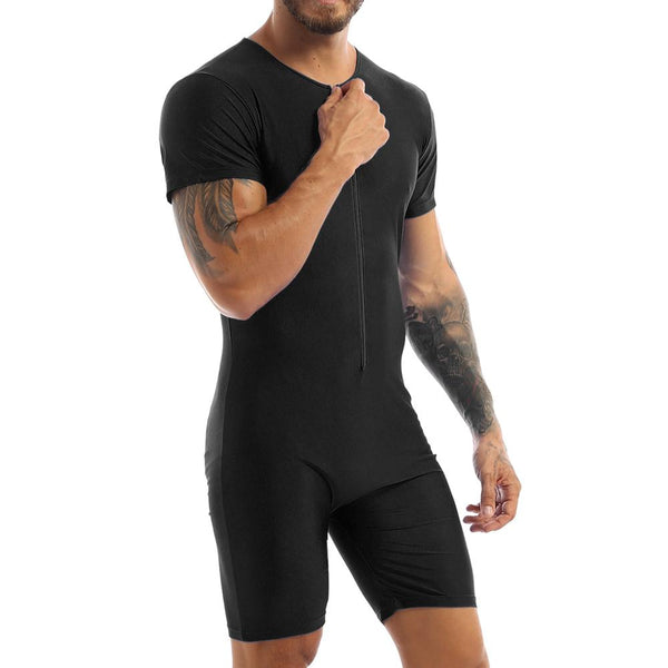 Swimwear Mens Gymnastics Leotard Tight Bodysuit Short Sleeve Front Zipper Boxer Briefs Shorts Leotard Body Suit Male Jumpsuit ZopiStyle