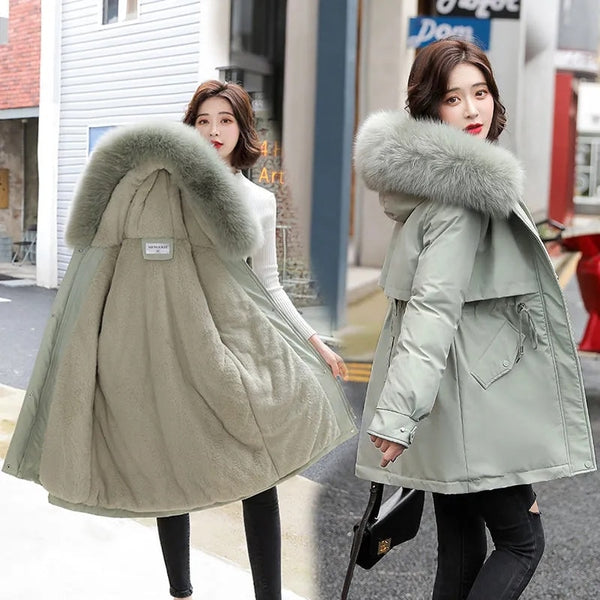 2022 New Winter Jacket Women Parka Fashion Long Coat Wool Liner Hooded Parkas Slim With Fur Collar Warm Snow Wear Padded Clothes ZopiStyle