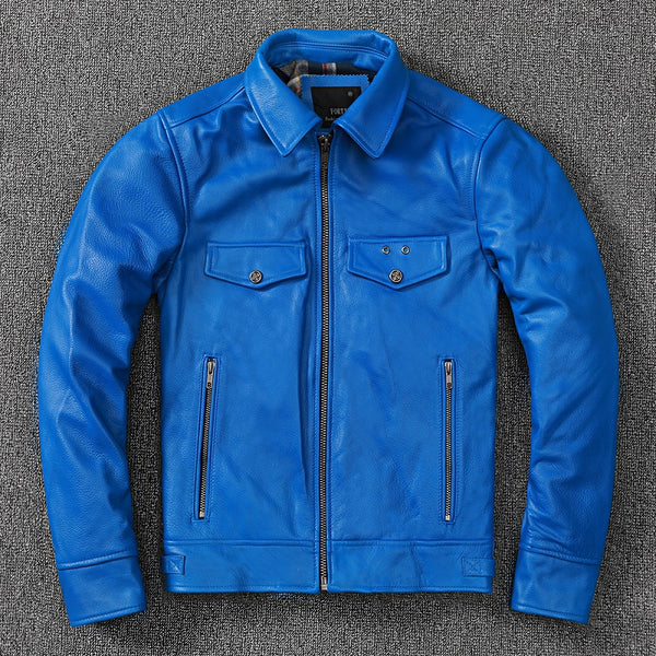 Free shipping.fashion brand men leather jacket.blue slim cowhide leather garments.dropship cheap leather clothes.Plus size ZopiStyle