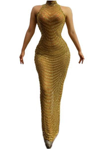Full Gold Rhinestones Transparent Mesh Long Dress Women Birthday Celebrate Dress High Neck Outfit Bar Dance Show Dress ZopiStyle