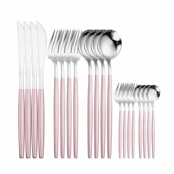 20piece Pink Cutlery Set Stainless Steel Tableware Set Kitchen Set Dinnerware Pink Silver Dinner Utensils Reusable Home Flatware ZopiStyle