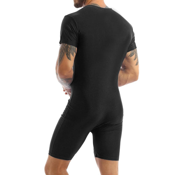 Swimwear Mens Gymnastics Leotard Tight Bodysuit Short Sleeve Front Zipper Boxer Briefs Shorts Leotard Body Suit Male Jumpsuit ZopiStyle