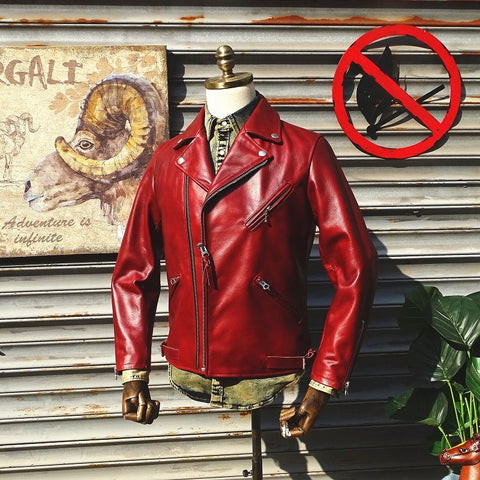 Free shipping.Hyogo oil wax cowhide red rider leather jacket.Men cool quality biker leather coat.fashion slim leather cloth ZopiStyle