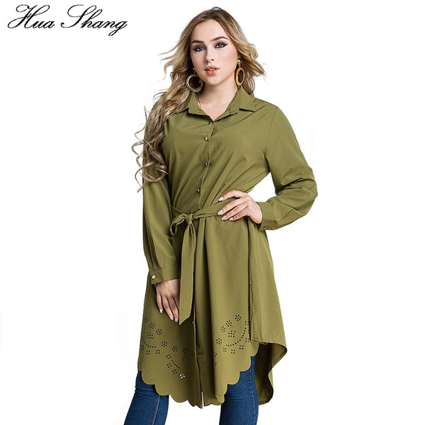 Fashion Spring Autumn Women Long Blouse Lady Long Sleeve Shirts Elegant Hollow Out Flowers Irregular Plus Size Tops With Belt ZopiStyle