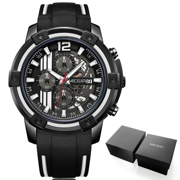 Megir Men&#39;s Black Silicone Strap Quartz Watches Chronograph Sports Wristwatch for Man 3atm Waterproof Luminous Hands 2097 Yellow ZopiStyle